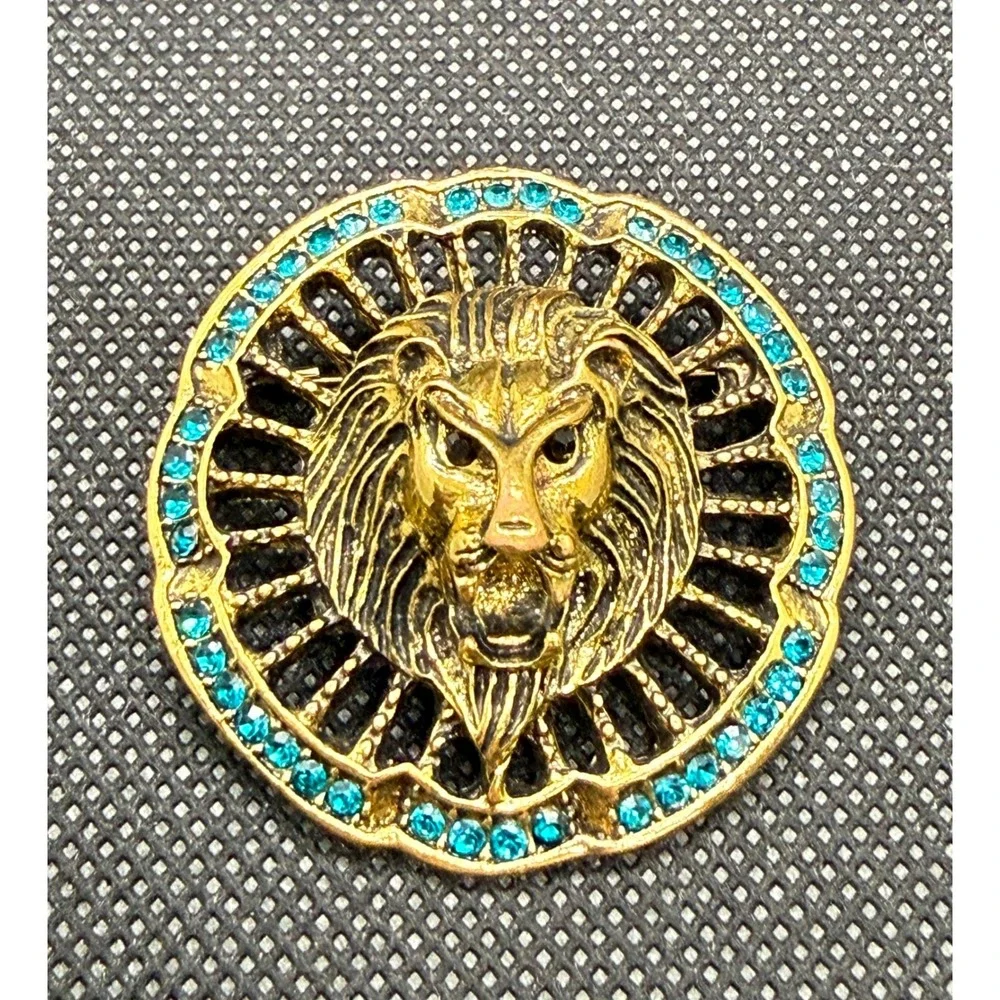 Gold Tone Lion Head Brooch Turquoise Rhinestone Sunburst Statement Pin Vintage